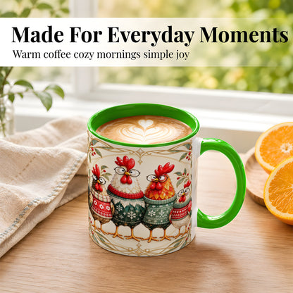 #pl[11oz|Green] Christmas Chickens Coffee Mug, Funny Chicken Family Mug, Ceramic Cup