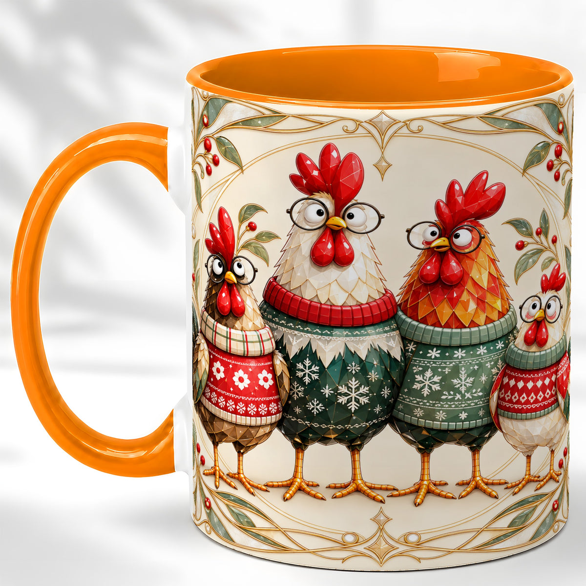 #pl[11oz|Orange] Christmas Chickens Coffee Mug, Funny Chicken Family Mug, Ceramic Cup