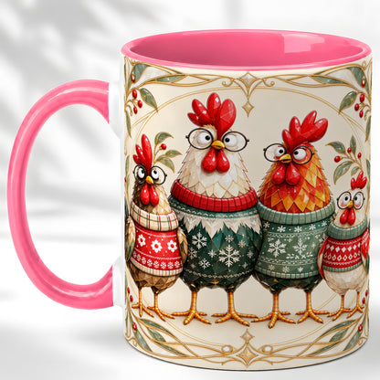 #pl[11oz|Pink] Christmas Chickens Coffee Mug, Funny Chicken Family Mug, Ceramic Cup