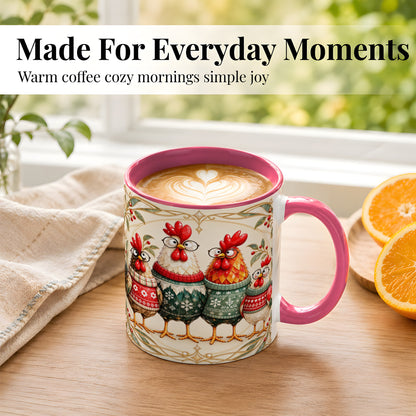 #pl[11oz|Pink] Christmas Chickens Coffee Mug, Funny Chicken Family Mug, Ceramic Cup