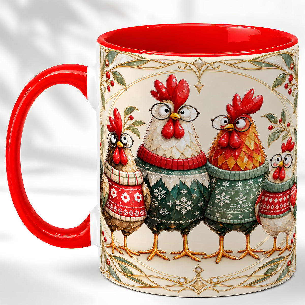 Christmas Chickens Coffee Mug, Funny Chicken Family Mug, Ceramic Cup