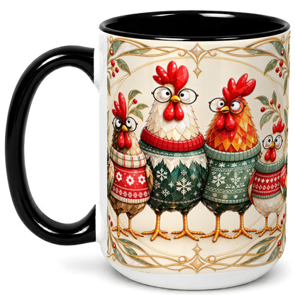 #pl[15oz|Black] Christmas Chickens Coffee Mug, Funny Chicken Family Mug, Ceramic Cup