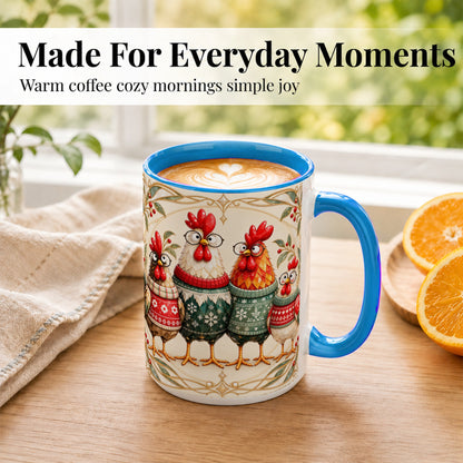 #pl[15oz|Blue] Christmas Chickens Coffee Mug, Funny Chicken Family Mug, Ceramic Cup
