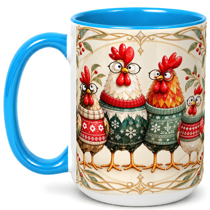 #pl[15oz|Blue] Christmas Chickens Coffee Mug, Funny Chicken Family Mug, Ceramic Cup