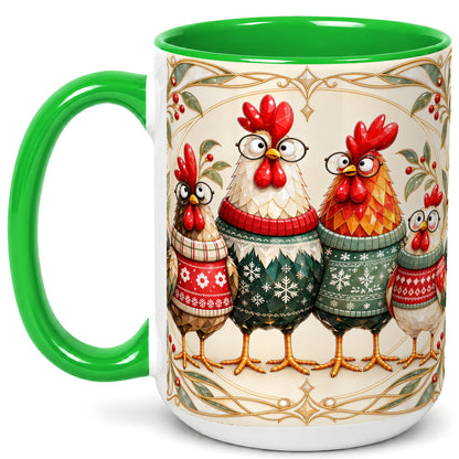 #pl[15oz|Green] Christmas Chickens Coffee Mug, Funny Chicken Family Mug, Ceramic Cup