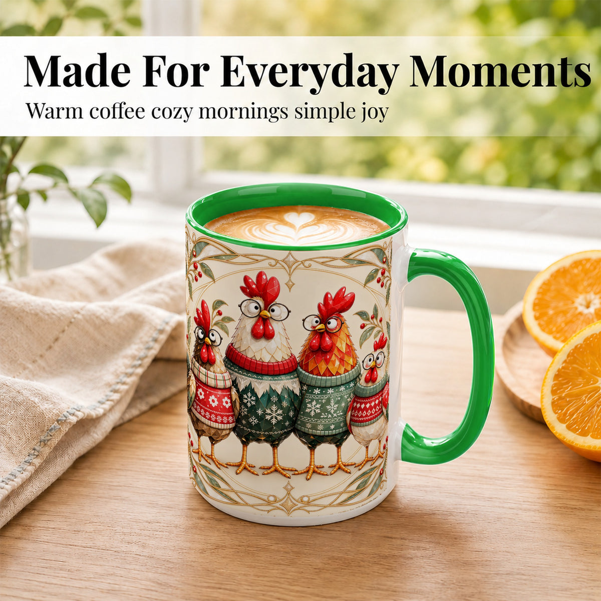 #pl[15oz|Green] Christmas Chickens Coffee Mug, Funny Chicken Family Mug, Ceramic Cup