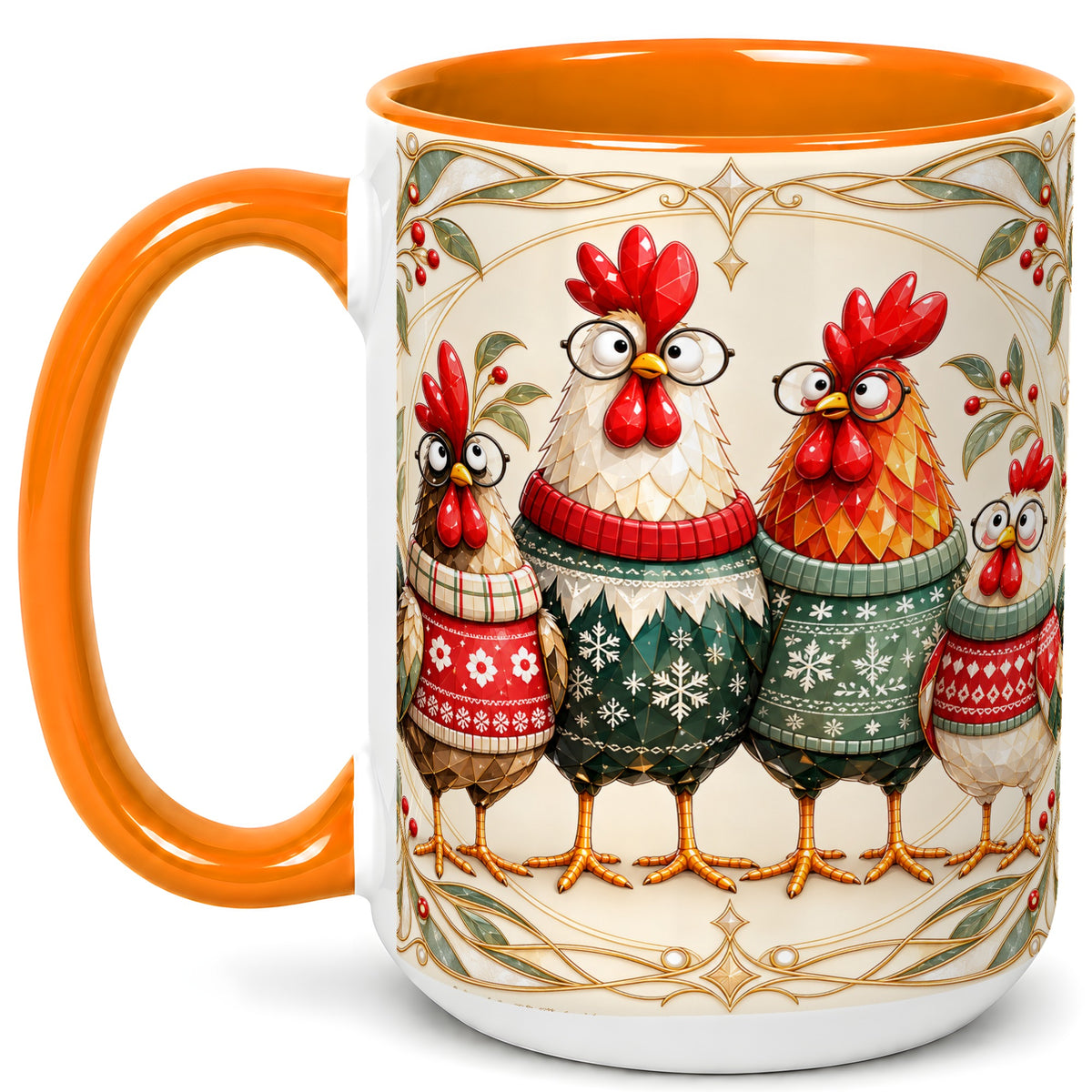 #pl[15oz|Orange] Christmas Chickens Coffee Mug, Funny Chicken Family Mug, Ceramic Cup