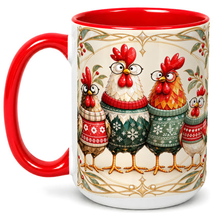 #pl[15oz|Red] Christmas Chickens Coffee Mug, Funny Chicken Family Mug, Ceramic Cup
