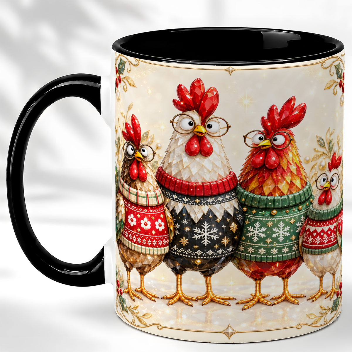 #pl[11oz|Black] Christmas Chicken Coffee Mug, Funny Holiday Hens Mug, Ceramic Cup