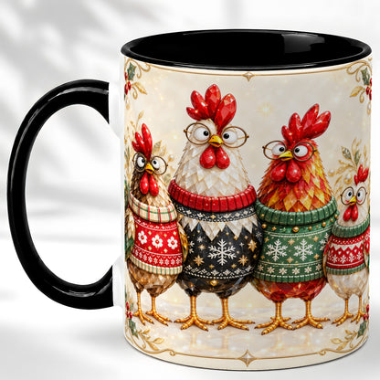 #pl[11oz|Black] Christmas Chicken Coffee Mug, Funny Holiday Hens Mug, Ceramic Cup