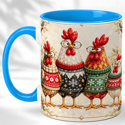 #pl[11oz|Blue] Christmas Chicken Coffee Mug, Funny Holiday Hens Mug, Ceramic Cup