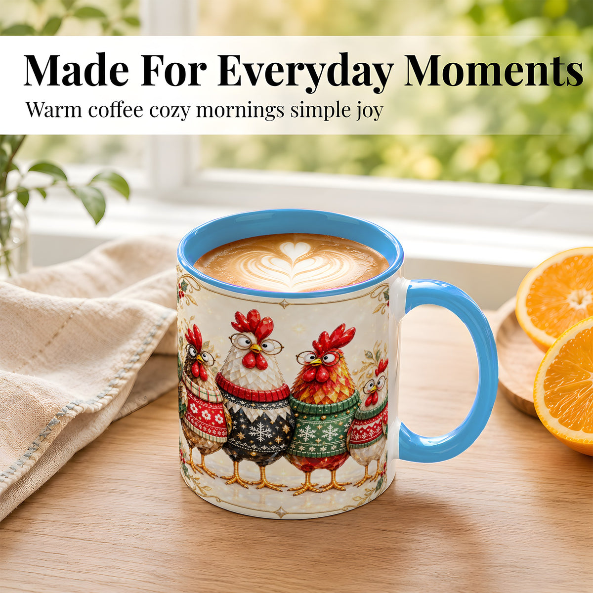 #pl[11oz|Blue] Christmas Chicken Coffee Mug, Funny Holiday Hens Mug, Ceramic Cup