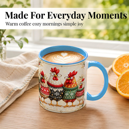 #pl[11oz|Blue] Christmas Chicken Coffee Mug, Funny Holiday Hens Mug, Ceramic Cup
