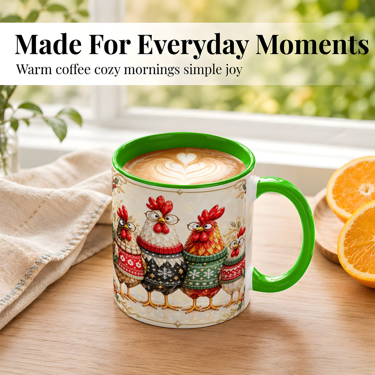 #pl[11oz|Green] Christmas Chicken Coffee Mug, Funny Holiday Hens Mug, Ceramic Cup