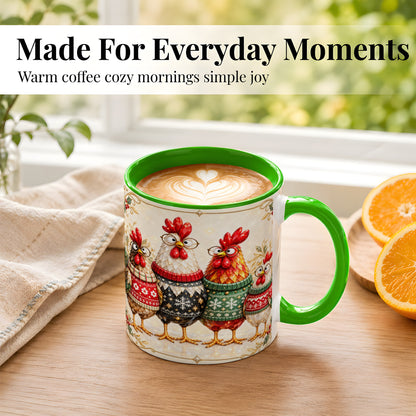 #pl[11oz|Green] Christmas Chicken Coffee Mug, Funny Holiday Hens Mug, Ceramic Cup