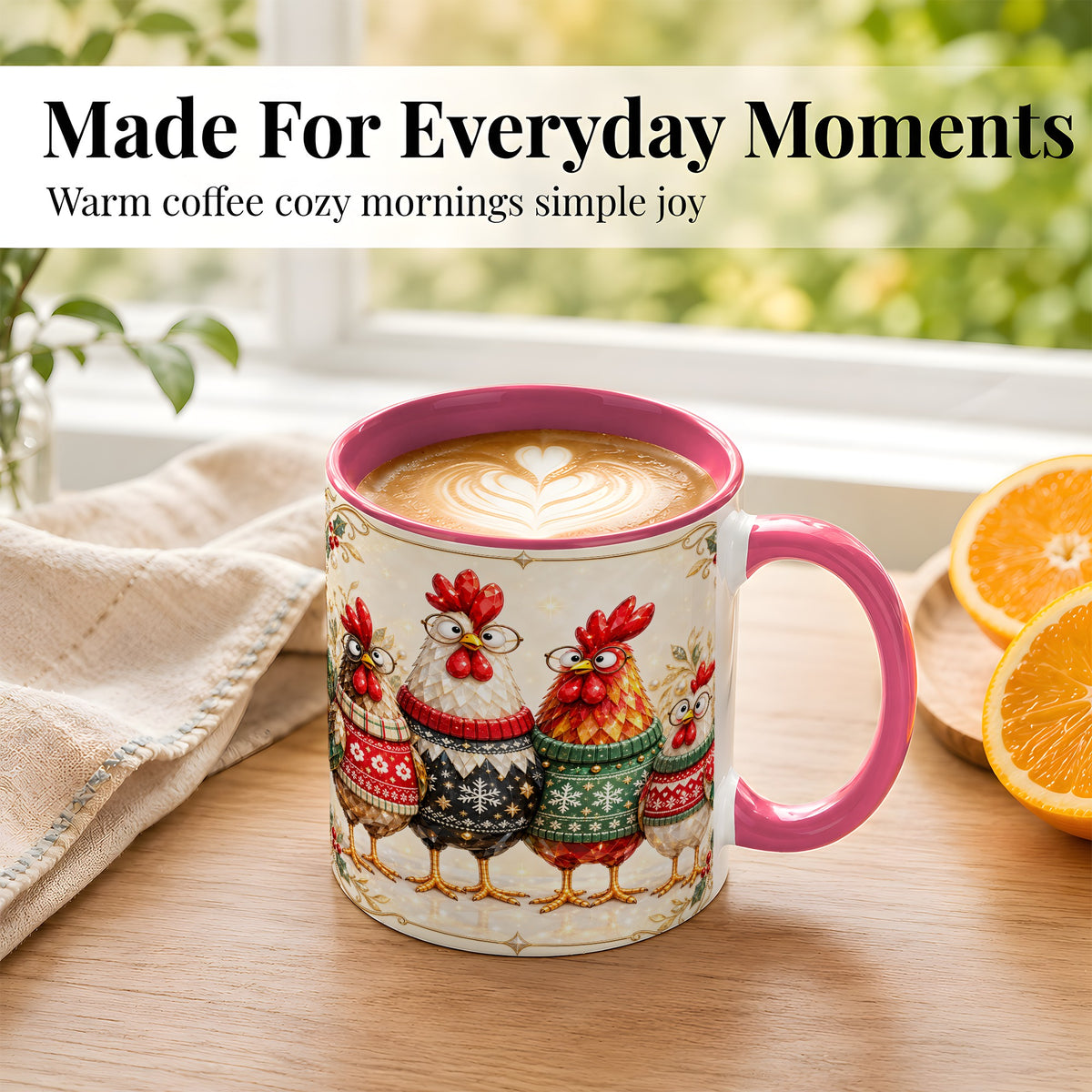 #pl[11oz|Pink] Christmas Chicken Coffee Mug, Funny Holiday Hens Mug, Ceramic Cup