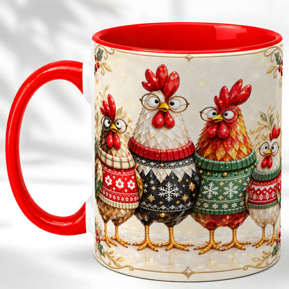 Christmas Chicken Coffee Mug, Funny Holiday Hens Mug, Ceramic Cup