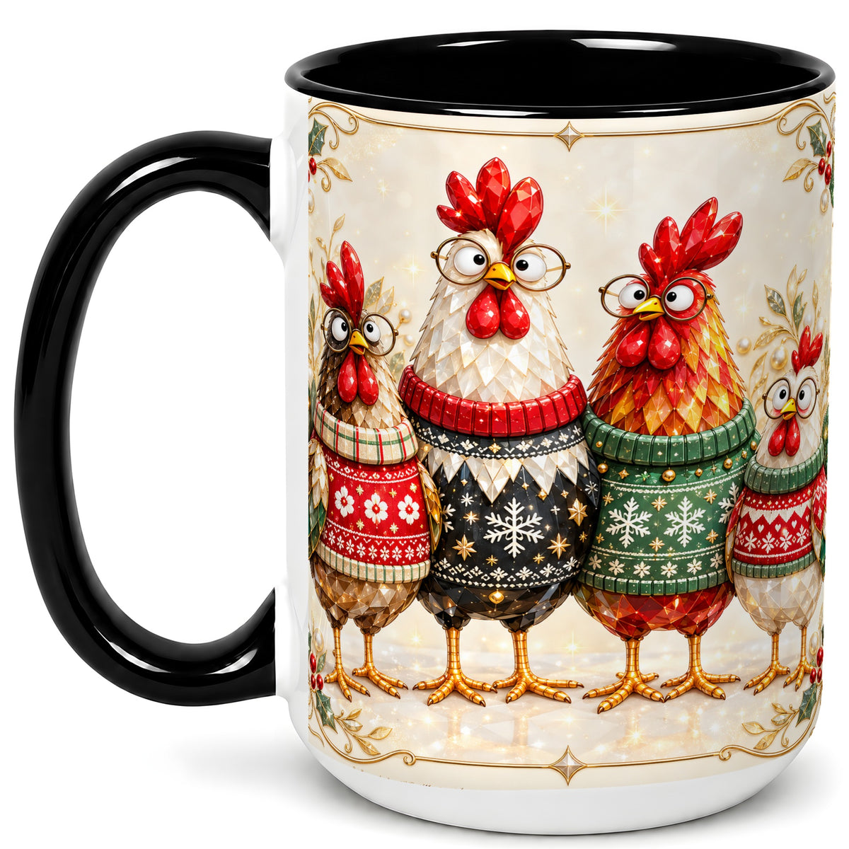 #pl[15oz|Black] Christmas Chicken Coffee Mug, Funny Holiday Hens Mug, Ceramic Cup