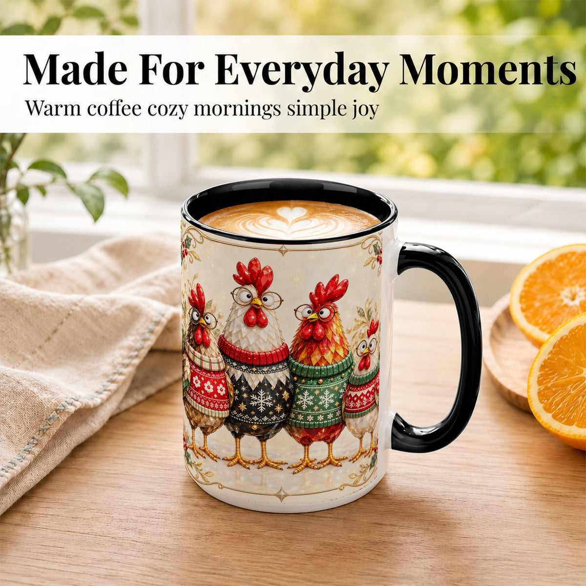 #pl[15oz|Black] Christmas Chicken Coffee Mug, Funny Holiday Hens Mug, Ceramic Cup