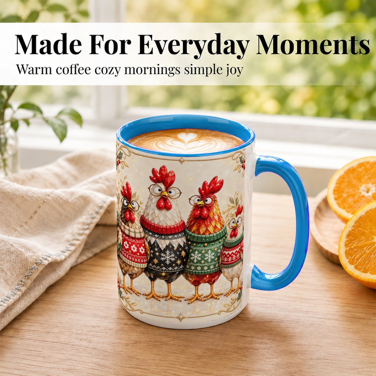 #pl[15oz|Blue] Christmas Chicken Coffee Mug, Funny Holiday Hens Mug, Ceramic Cup