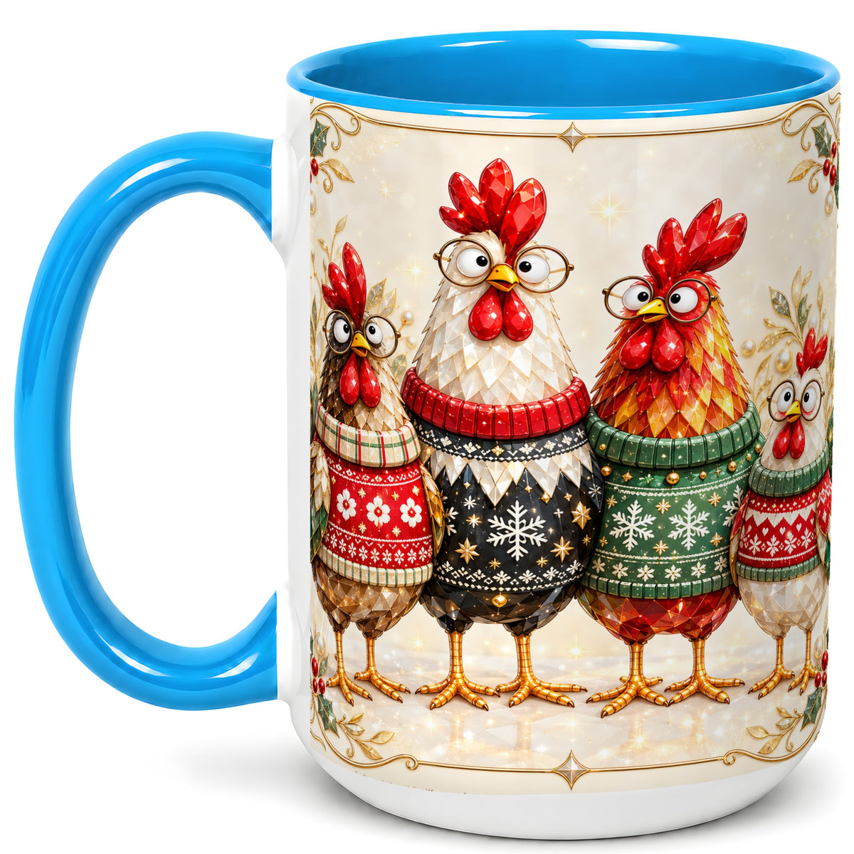 #pl[15oz|Blue] Christmas Chicken Coffee Mug, Funny Holiday Hens Mug, Ceramic Cup
