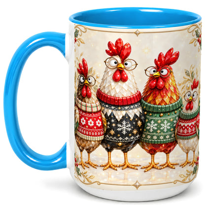 #pl[15oz|Blue] Christmas Chicken Coffee Mug, Funny Holiday Hens Mug, Ceramic Cup