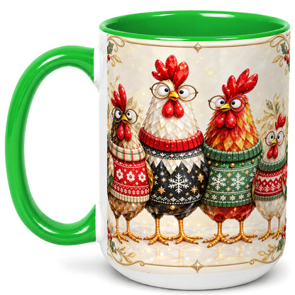 #pl[15oz|Green] Christmas Chicken Coffee Mug, Funny Holiday Hens Mug, Ceramic Cup