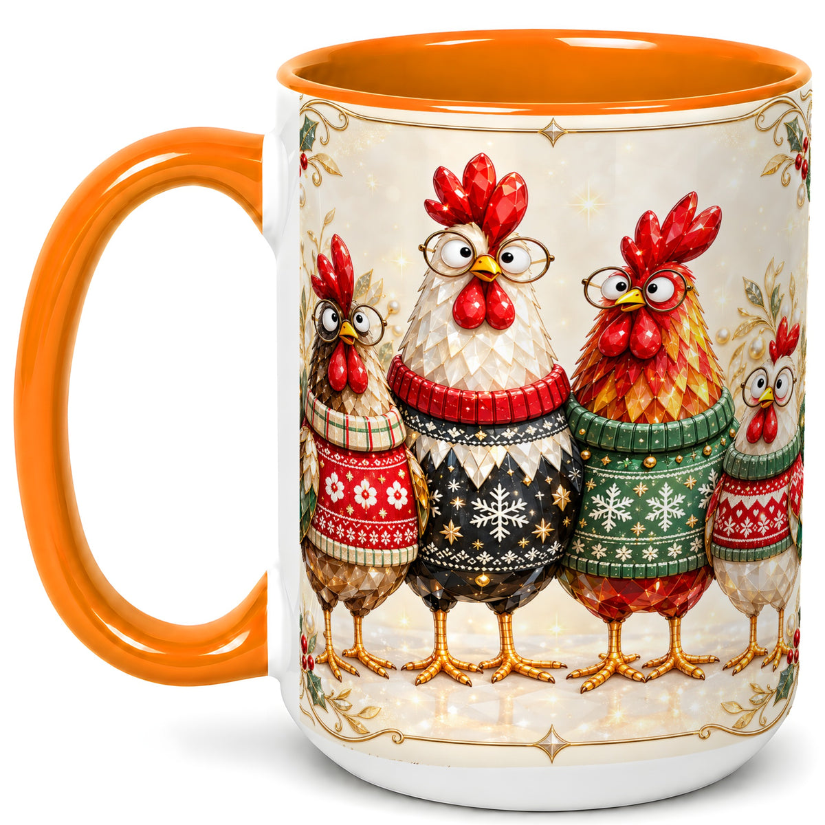 #pl[15oz|Orange] Christmas Chicken Coffee Mug, Funny Holiday Hens Mug, Ceramic Cup