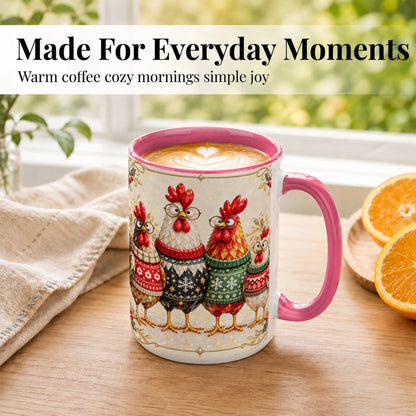 #pl[15oz|Pink] Christmas Chicken Coffee Mug, Funny Holiday Hens Mug, Ceramic Cup