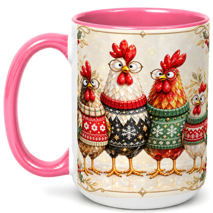 #pl[15oz|Pink] Christmas Chicken Coffee Mug, Funny Holiday Hens Mug, Ceramic Cup