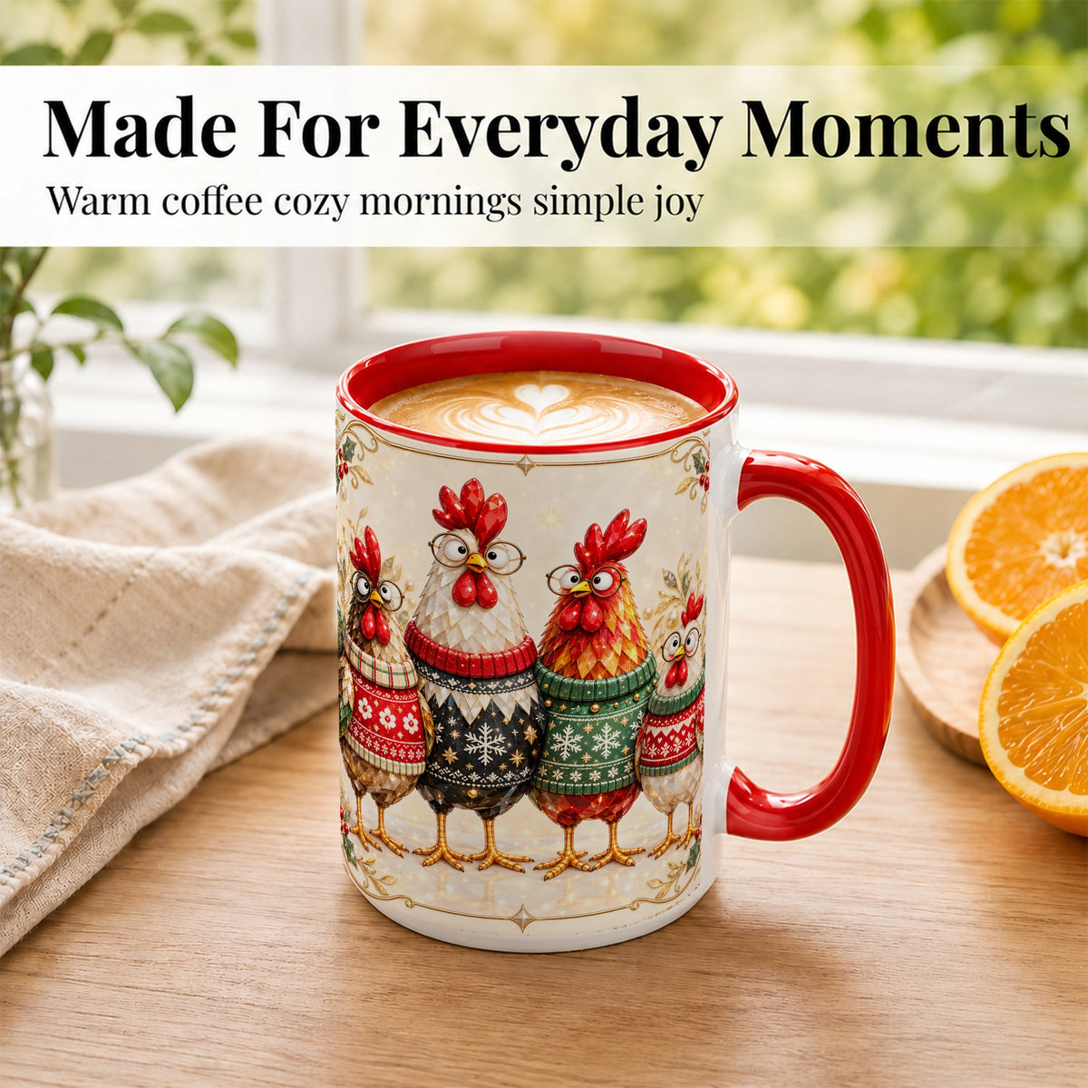#pl[15oz|Red] Christmas Chicken Coffee Mug, Funny Holiday Hens Mug, Ceramic Cup