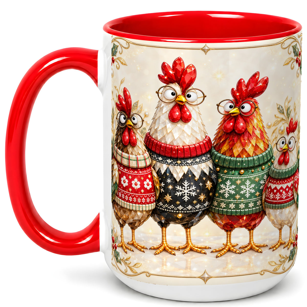 #pl[15oz|Red] Christmas Chicken Coffee Mug, Funny Holiday Hens Mug, Ceramic Cup