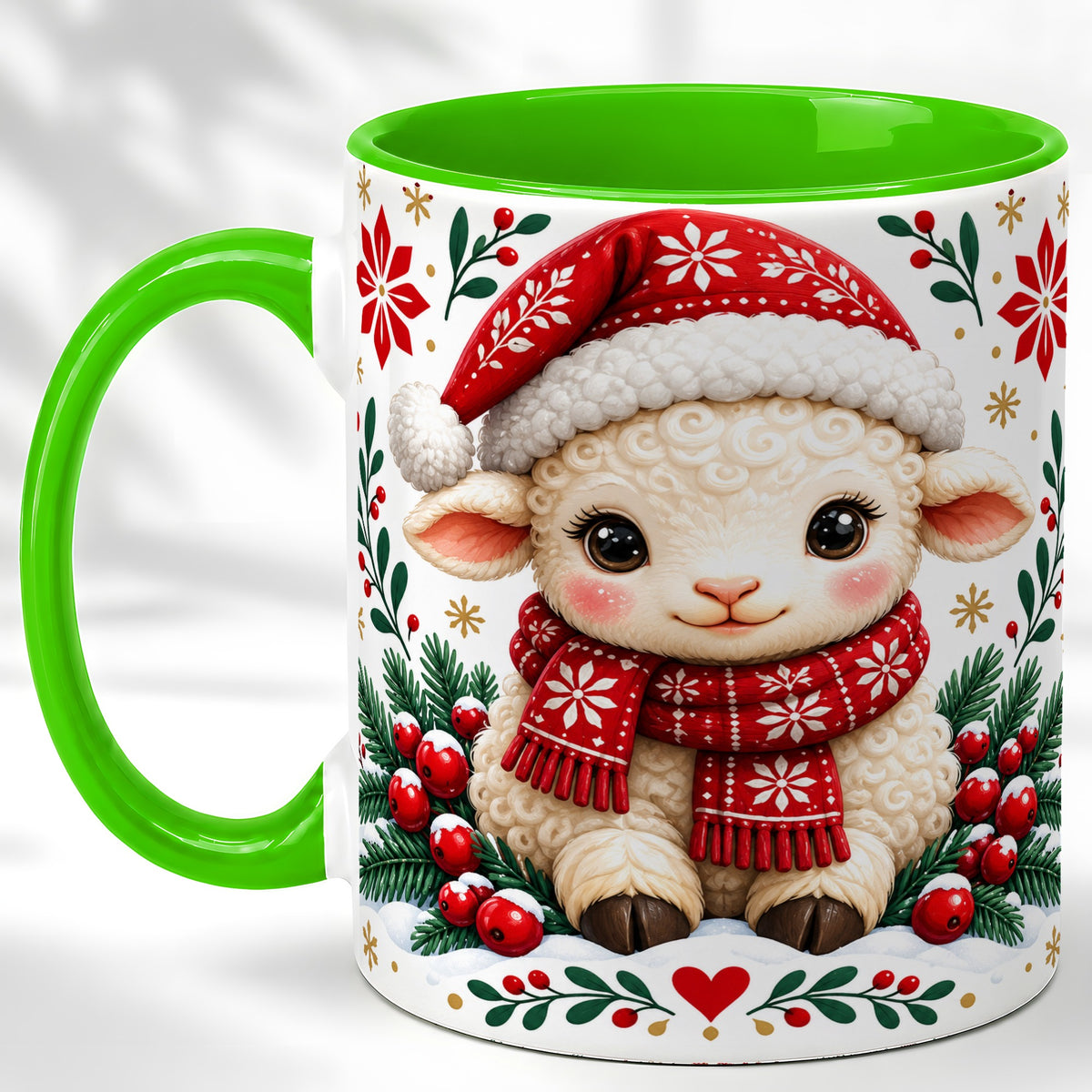 #pl[11oz|Green] Christmas Lamb Coffee Mug, Cute Sheep Mug, Ceramic Cup