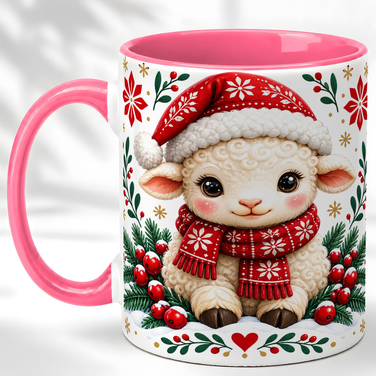 #pl[11oz|Pink] Christmas Lamb Coffee Mug, Cute Sheep Mug, Ceramic Cup