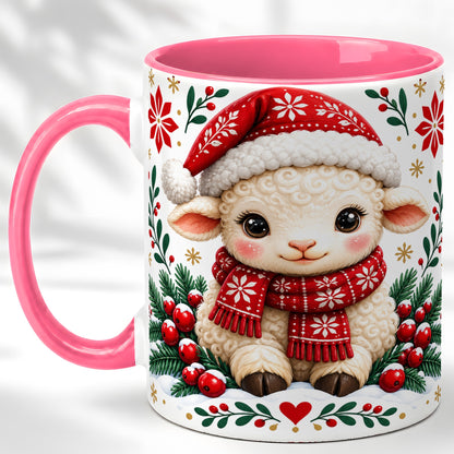 #pl[11oz|Pink] Christmas Lamb Coffee Mug, Cute Sheep Mug, Ceramic Cup