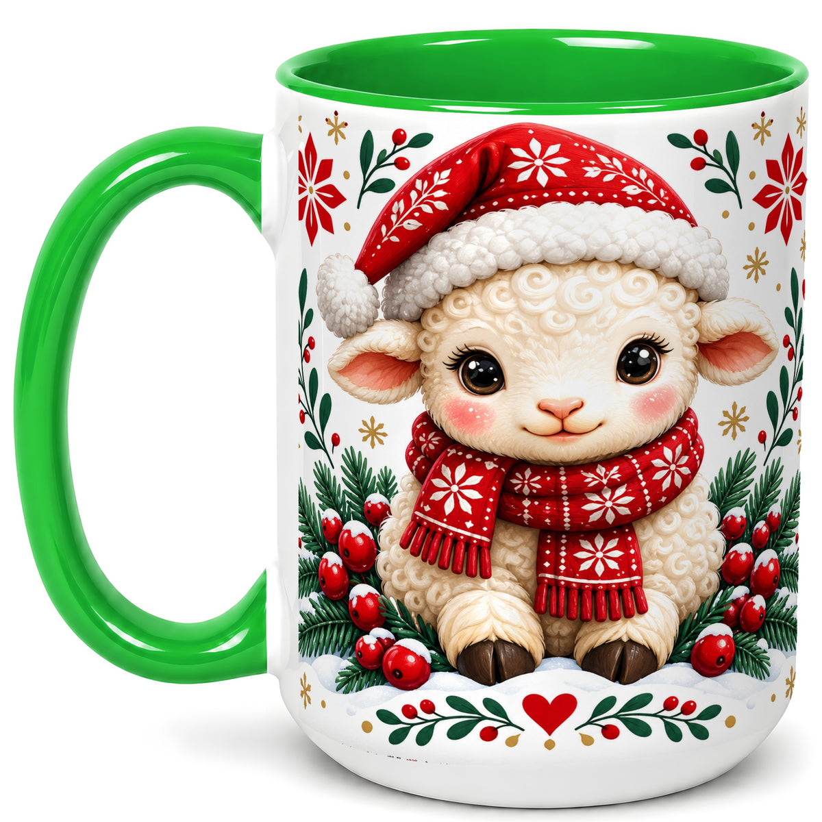 #pl[15oz|Green] Christmas Lamb Coffee Mug, Cute Sheep Mug, Ceramic Cup