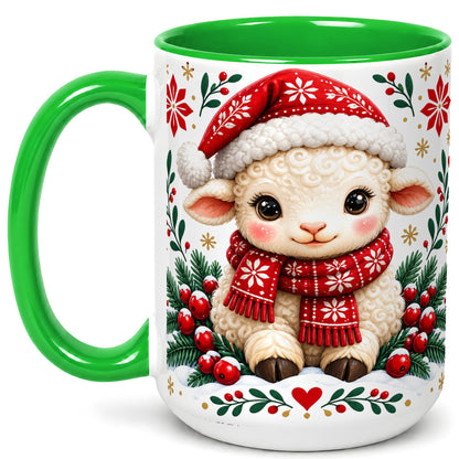 #pl[15oz|Green] Christmas Lamb Coffee Mug, Cute Sheep Mug, Ceramic Cup