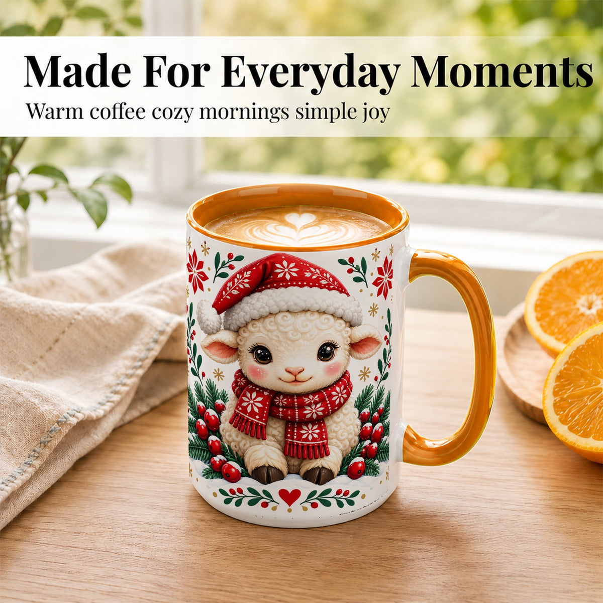 #pl[15oz|Orange] Christmas Lamb Coffee Mug, Cute Sheep Mug, Ceramic Cup