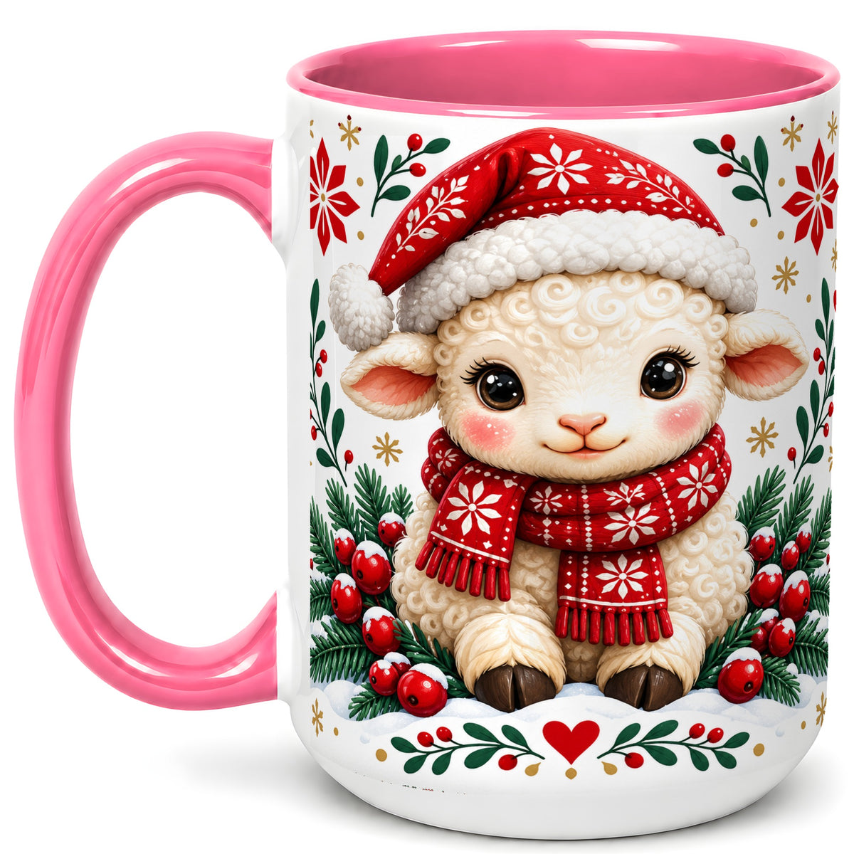 #pl[15oz|Pink] Christmas Lamb Coffee Mug, Cute Sheep Mug, Ceramic Cup