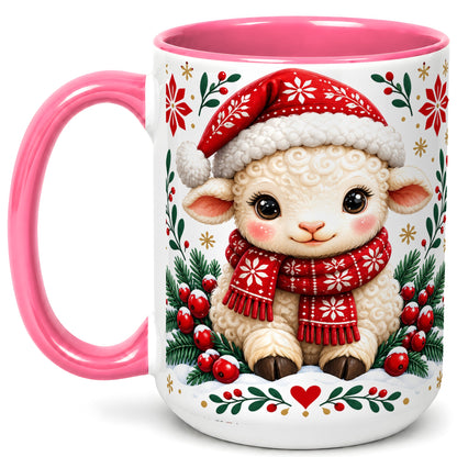 #pl[15oz|Pink] Christmas Lamb Coffee Mug, Cute Sheep Mug, Ceramic Cup