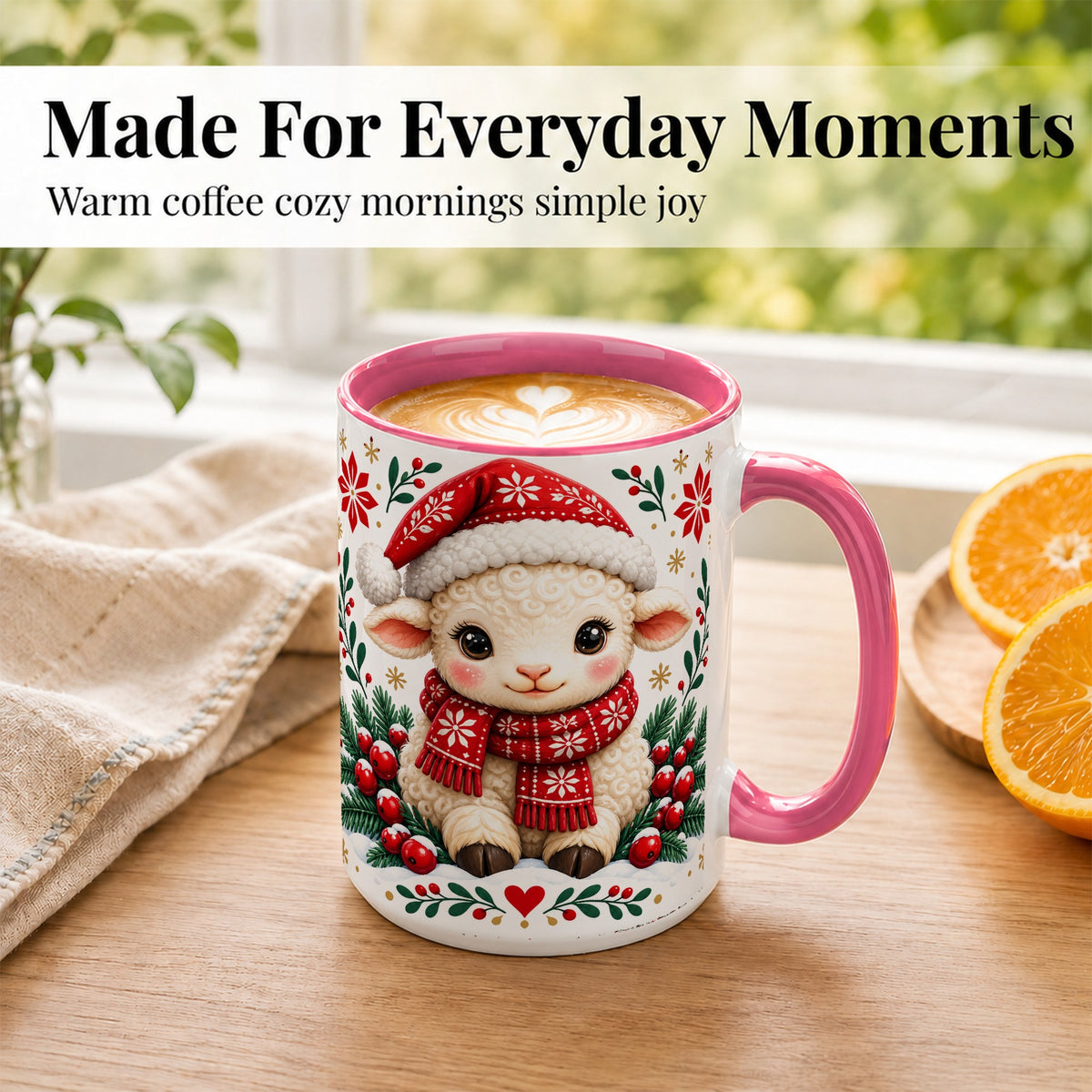 #pl[15oz|Pink] Christmas Lamb Coffee Mug, Cute Sheep Mug, Ceramic Cup