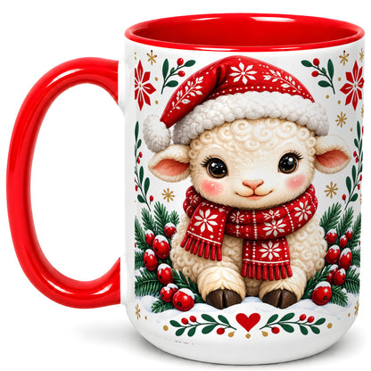 #pl[15oz|Red] Christmas Lamb Coffee Mug, Cute Sheep Mug, Ceramic Cup