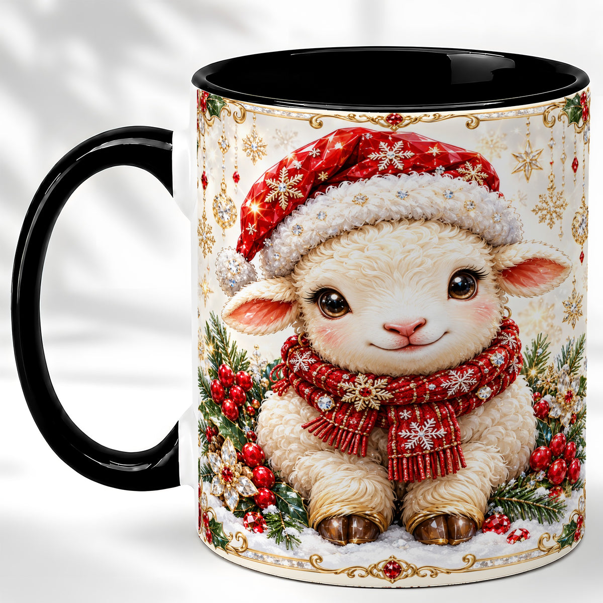 #pl[11oz|Black] Jeweled Christmas Lamb Coffee Mug, Ruby Sheep Mug, Ceramic Cup