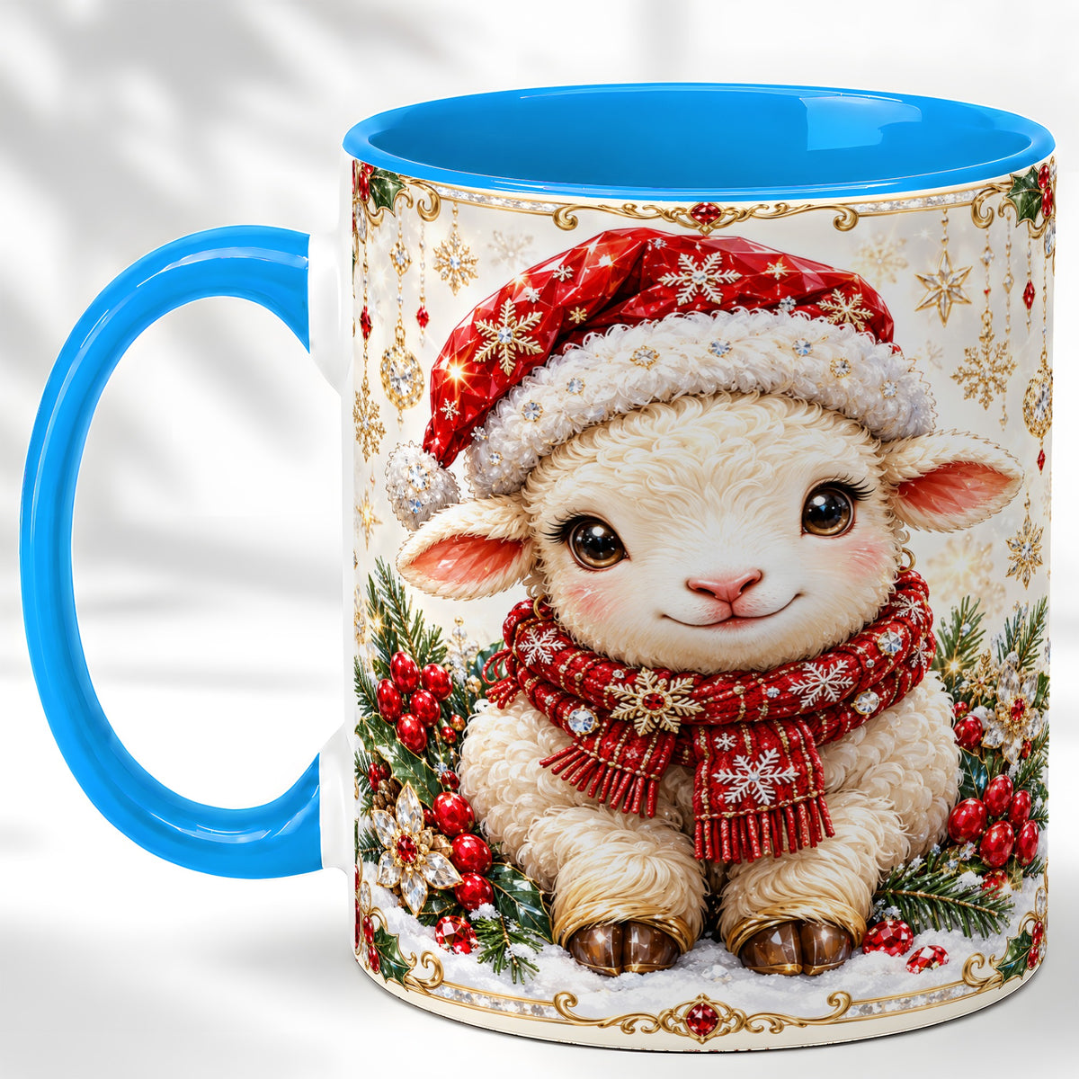 #pl[11oz|Blue] Jeweled Christmas Lamb Coffee Mug, Ruby Sheep Mug, Ceramic Cup