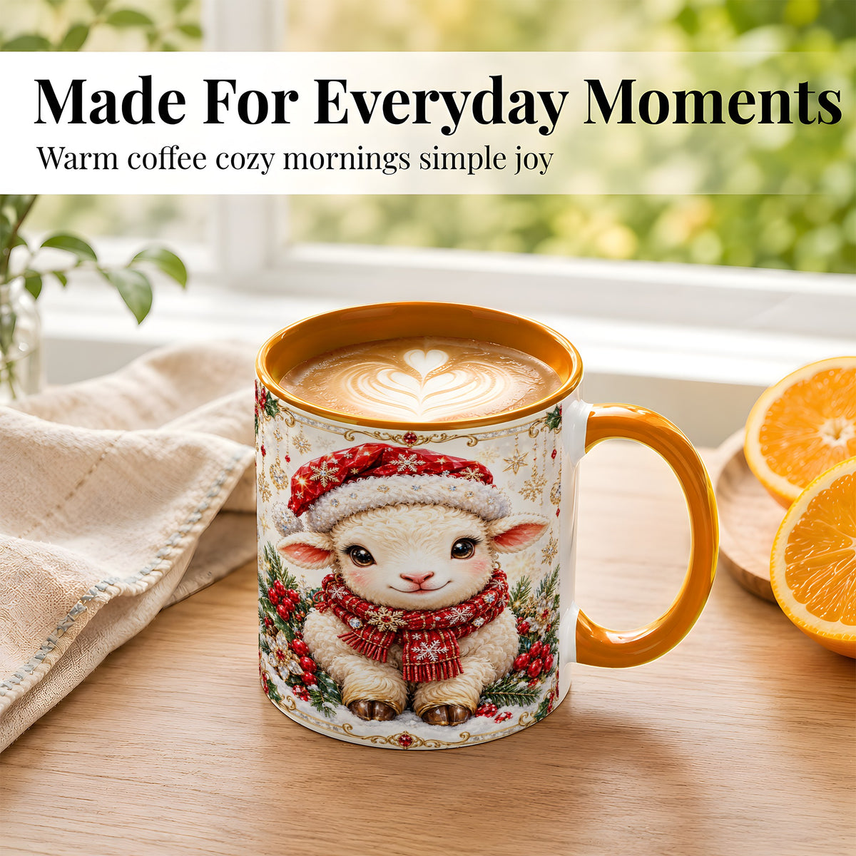 #pl[11oz|Orange] Jeweled Christmas Lamb Coffee Mug, Ruby Sheep Mug, Ceramic Cup