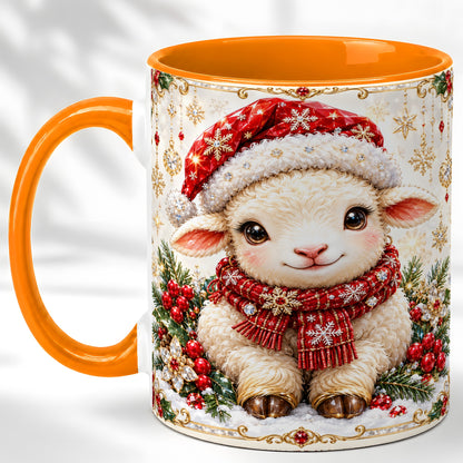 #pl[11oz|Orange] Jeweled Christmas Lamb Coffee Mug, Ruby Sheep Mug, Ceramic Cup