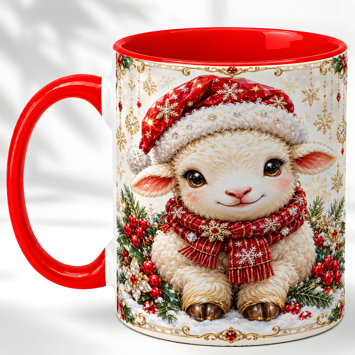 Jeweled Christmas Lamb Coffee Mug, Ruby Sheep Mug, Ceramic Cup