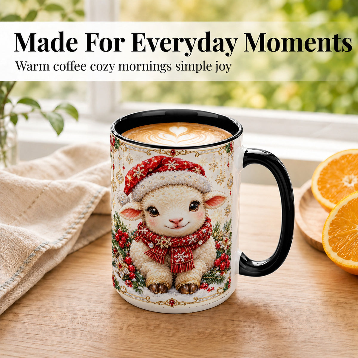 #pl[15oz|Black] Jeweled Christmas Lamb Coffee Mug, Ruby Sheep Mug, Ceramic Cup