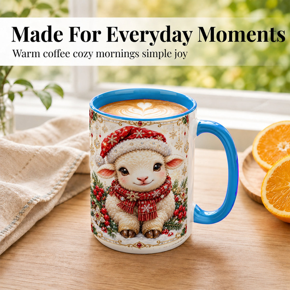 #pl[15oz|Blue] Jeweled Christmas Lamb Coffee Mug, Ruby Sheep Mug, Ceramic Cup