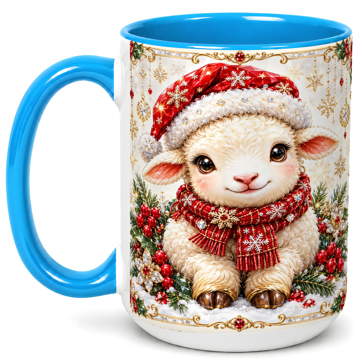 #pl[15oz|Blue] Jeweled Christmas Lamb Coffee Mug, Ruby Sheep Mug, Ceramic Cup